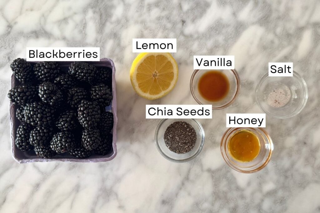 Ingredients needed for blackberry compote recipe.