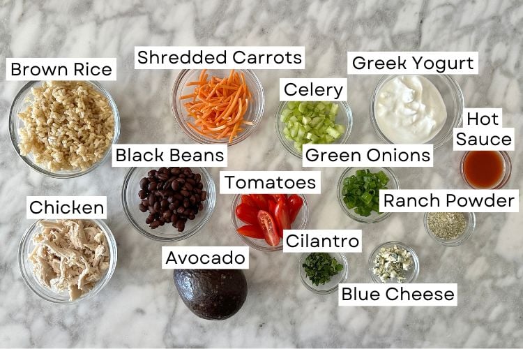 Ingredients for buffalo chicken rice bowls