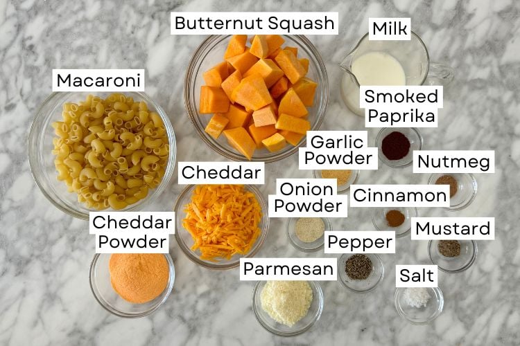 Ingredients for butternut squash mac and cheese