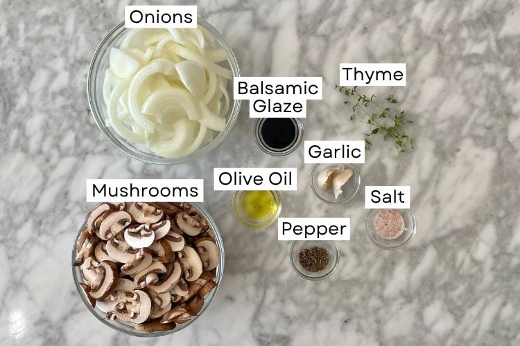 Ingredients for caramelized onions with mushrooms