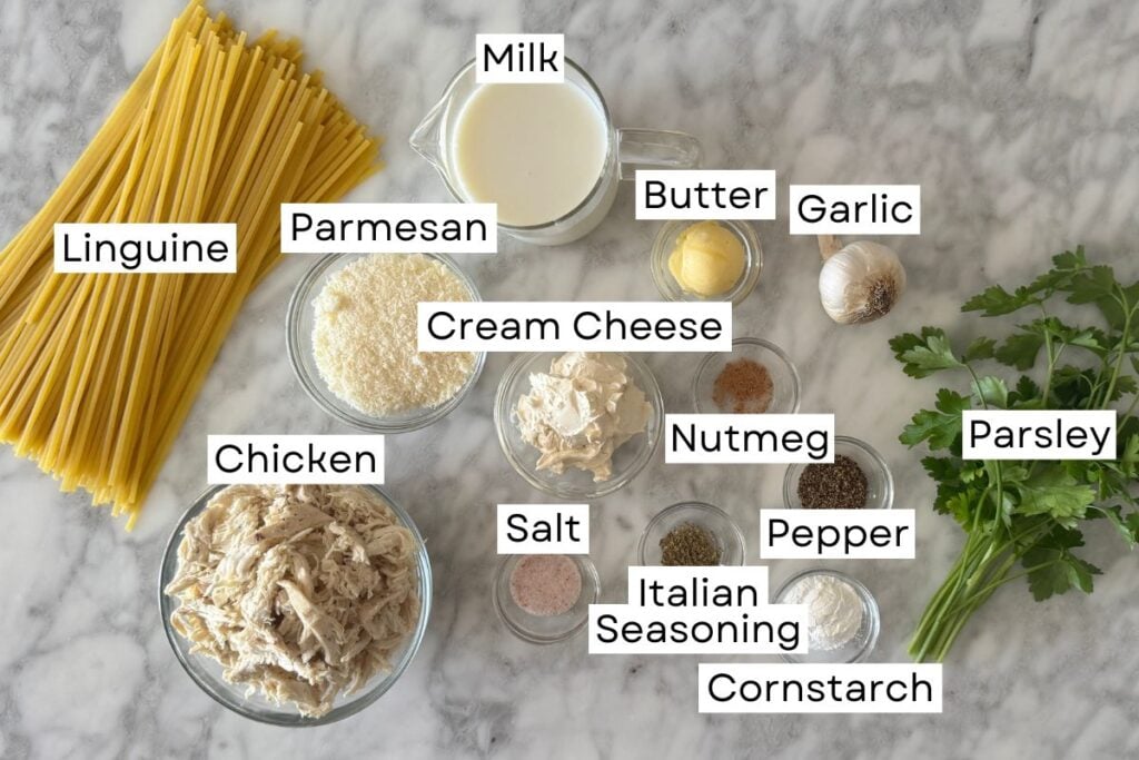 Ingredients for chicken Alfredo linguine