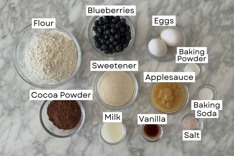 Ingredients for chocolate blueberry muffins