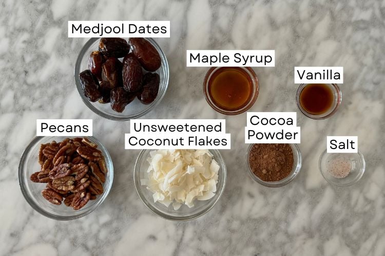 Ingredients for chocolate coconut date balls