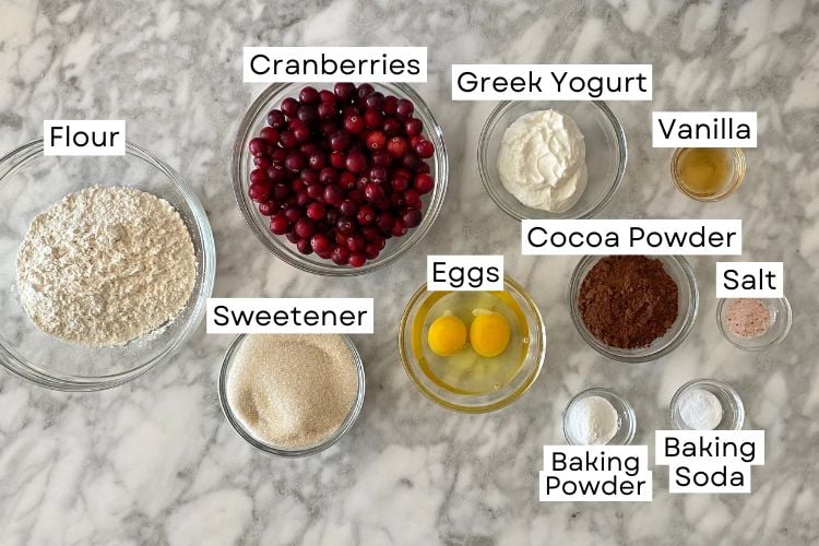 Ingredients for chocolate cranberry muffins