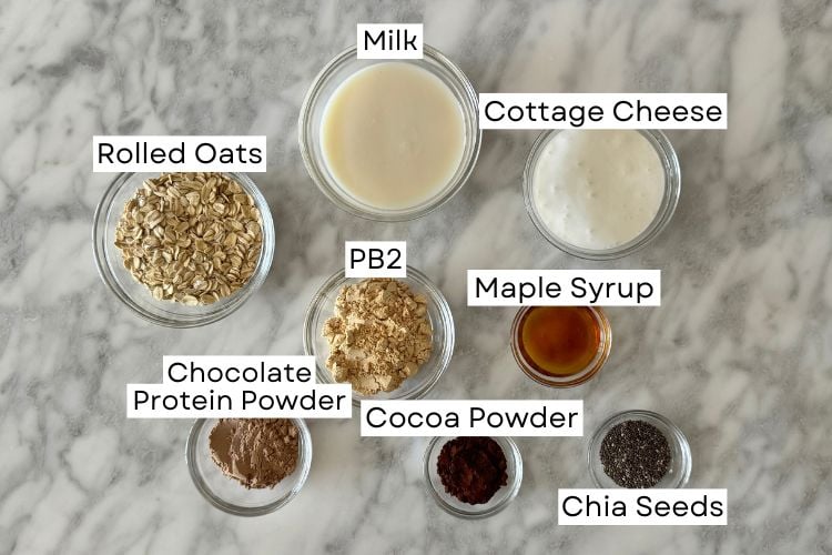 Ingredients for chocolate peanut butter protein overnight oats