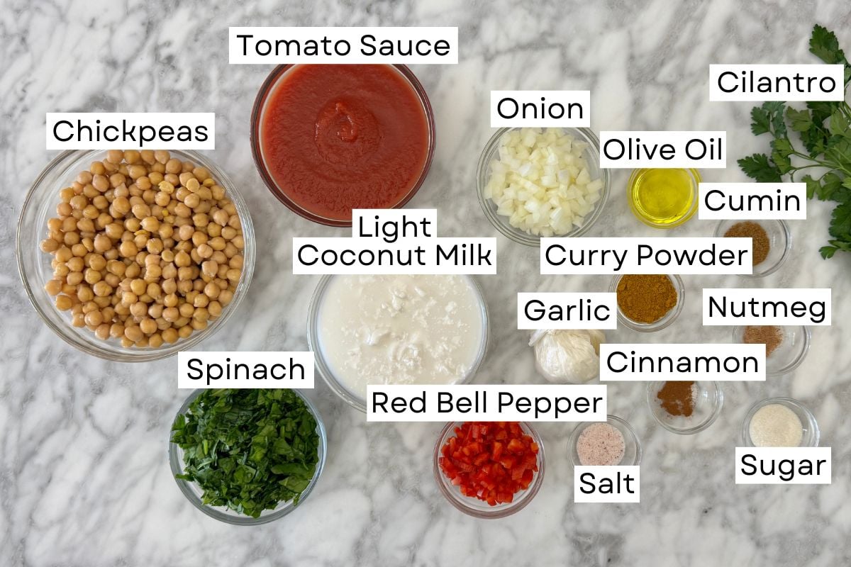 Ingredients for coconut chickpea curry recipe