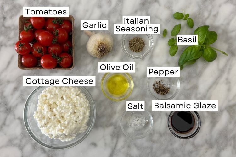 Ingredients for cottage cheese Caprese bowl