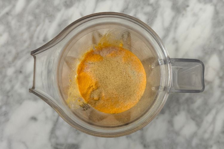 Ingredients for high protein mac and cheese in blender