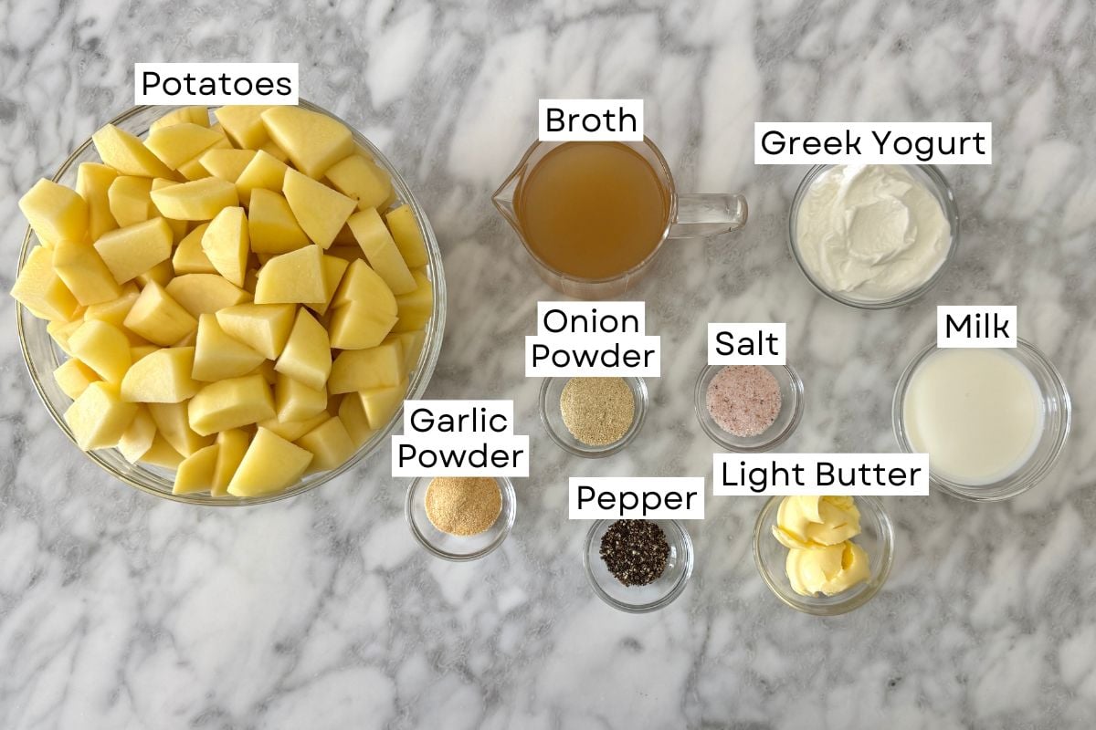 Ingredients for slow cooker mashed potatoes in bowls