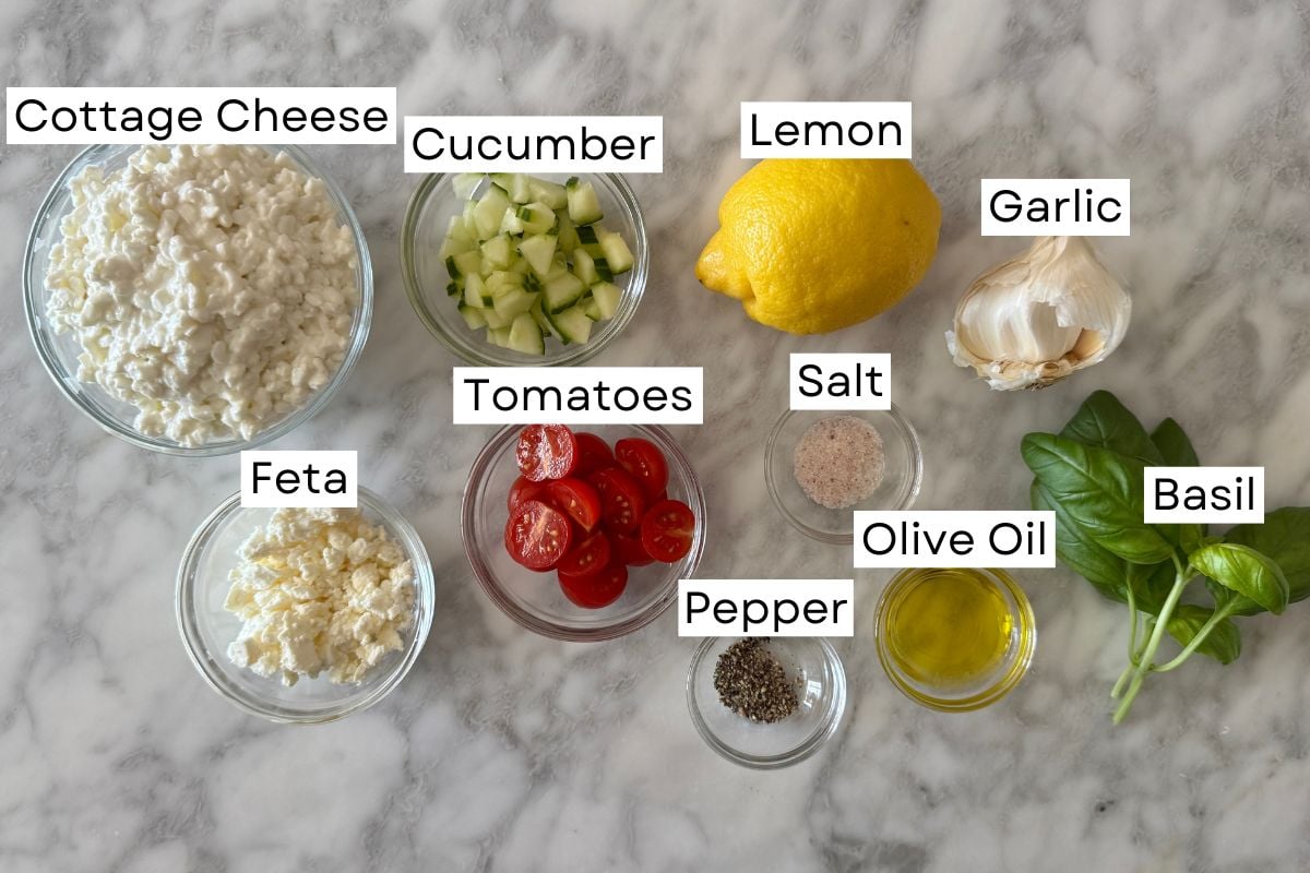 Ingredients for whipped feta dip with cottage cheese