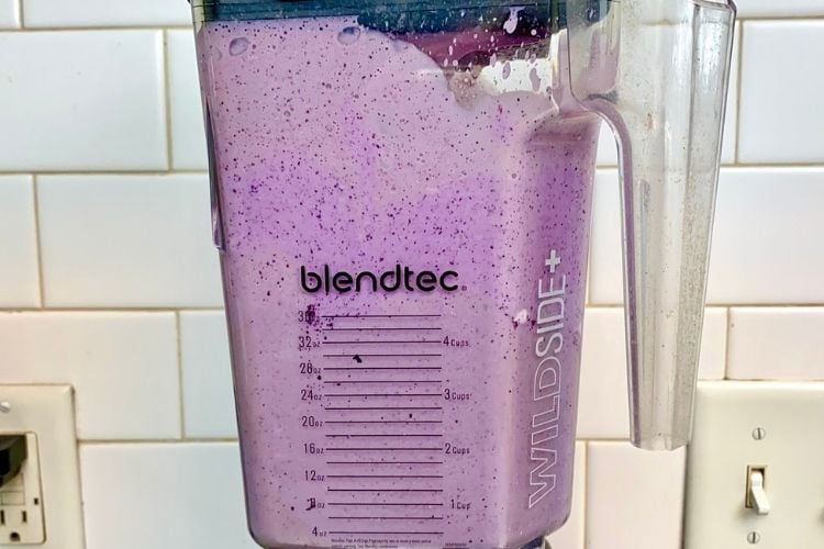 Ingredients mixed in the blender for the healthy blueberry cheesecake