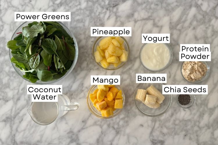 Ingredients needed for a green protein smoothie