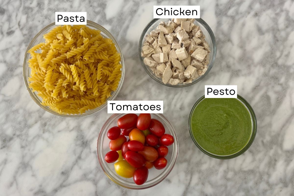Ingredients needed for chicken pesto pasta salad