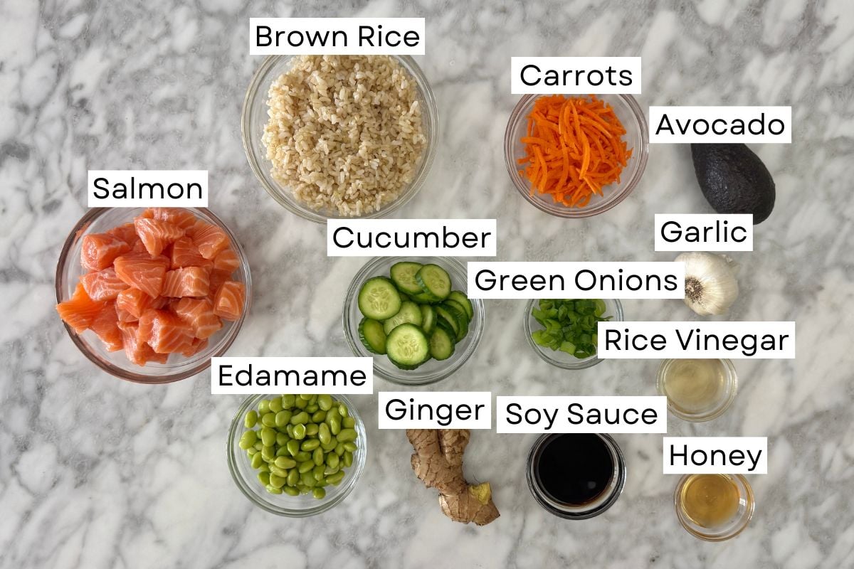 Ingredients needed for salmon bowls