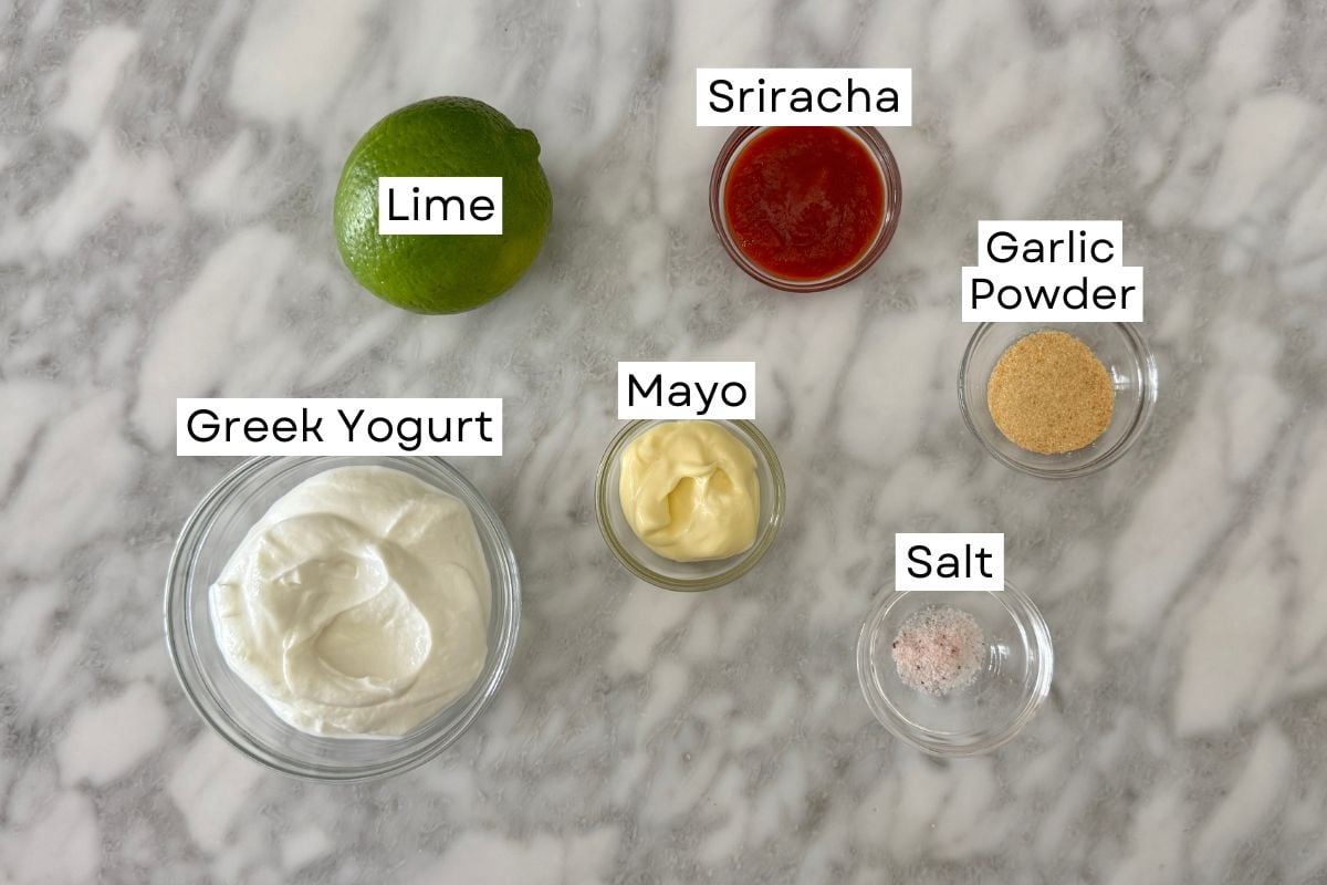Ingredients needed for sriracha sauce with Greek yogurt