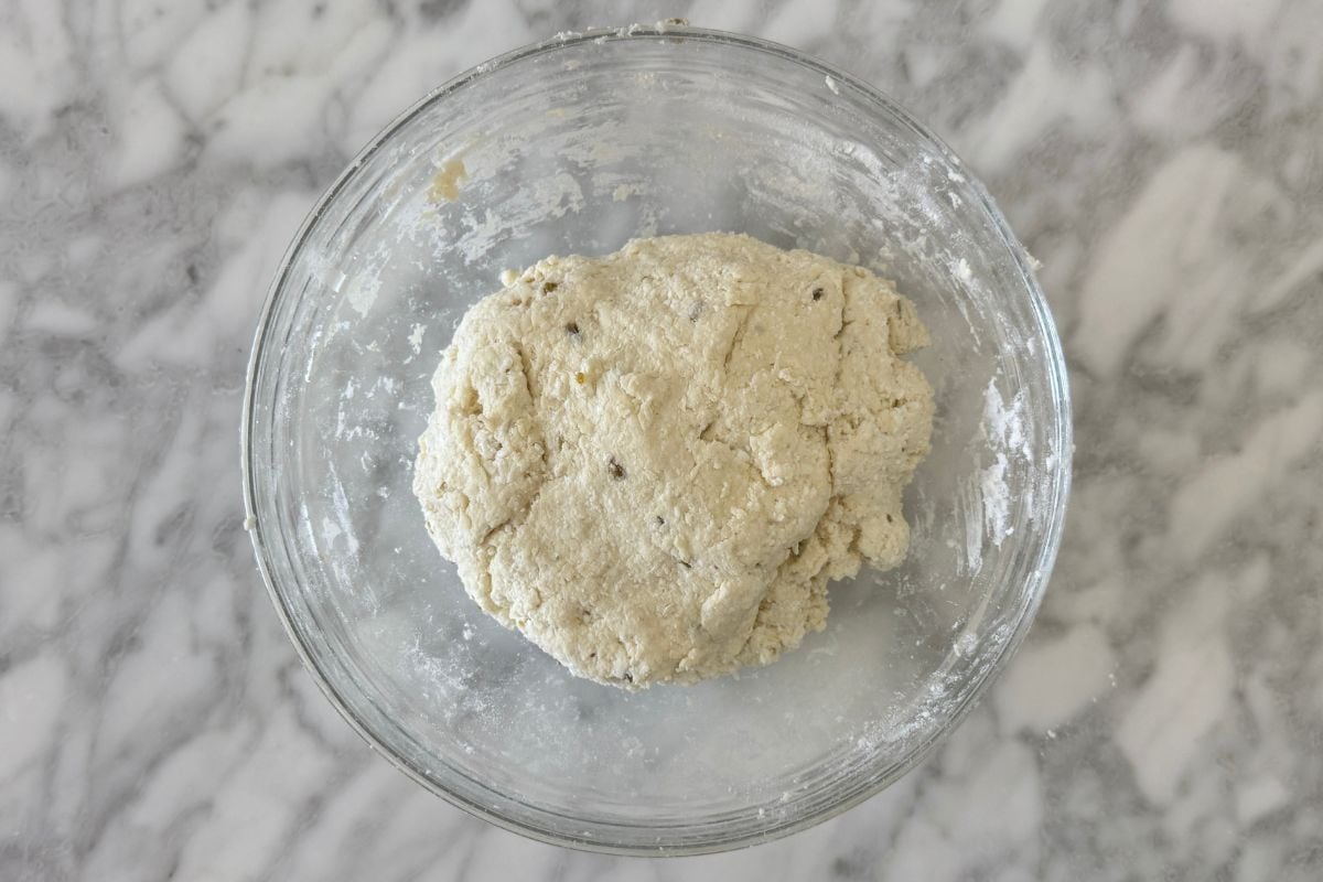 Jalapeño cheddar bagel dough in a bowl