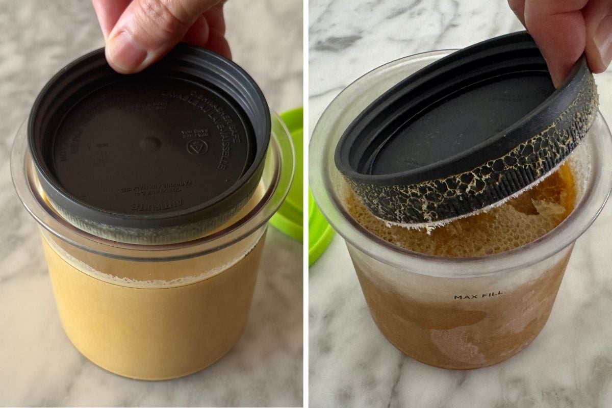 Lid on Ninja Creami pumpkin protein ice cream in pint container