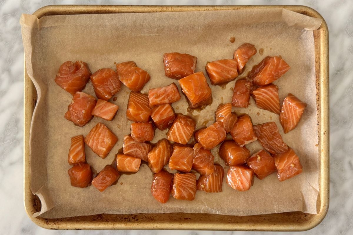 Marinated salmon on a sheet pan