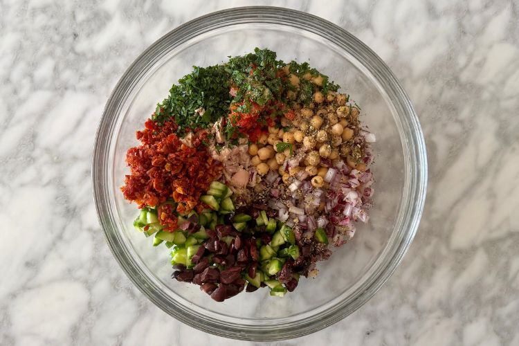 Mediterranean tuna salad in a bowl
