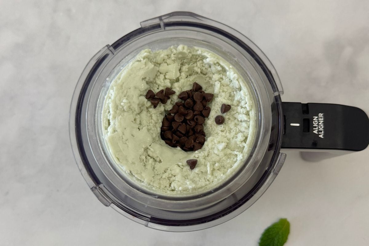Mini chocolate chips in mint protein ice cream