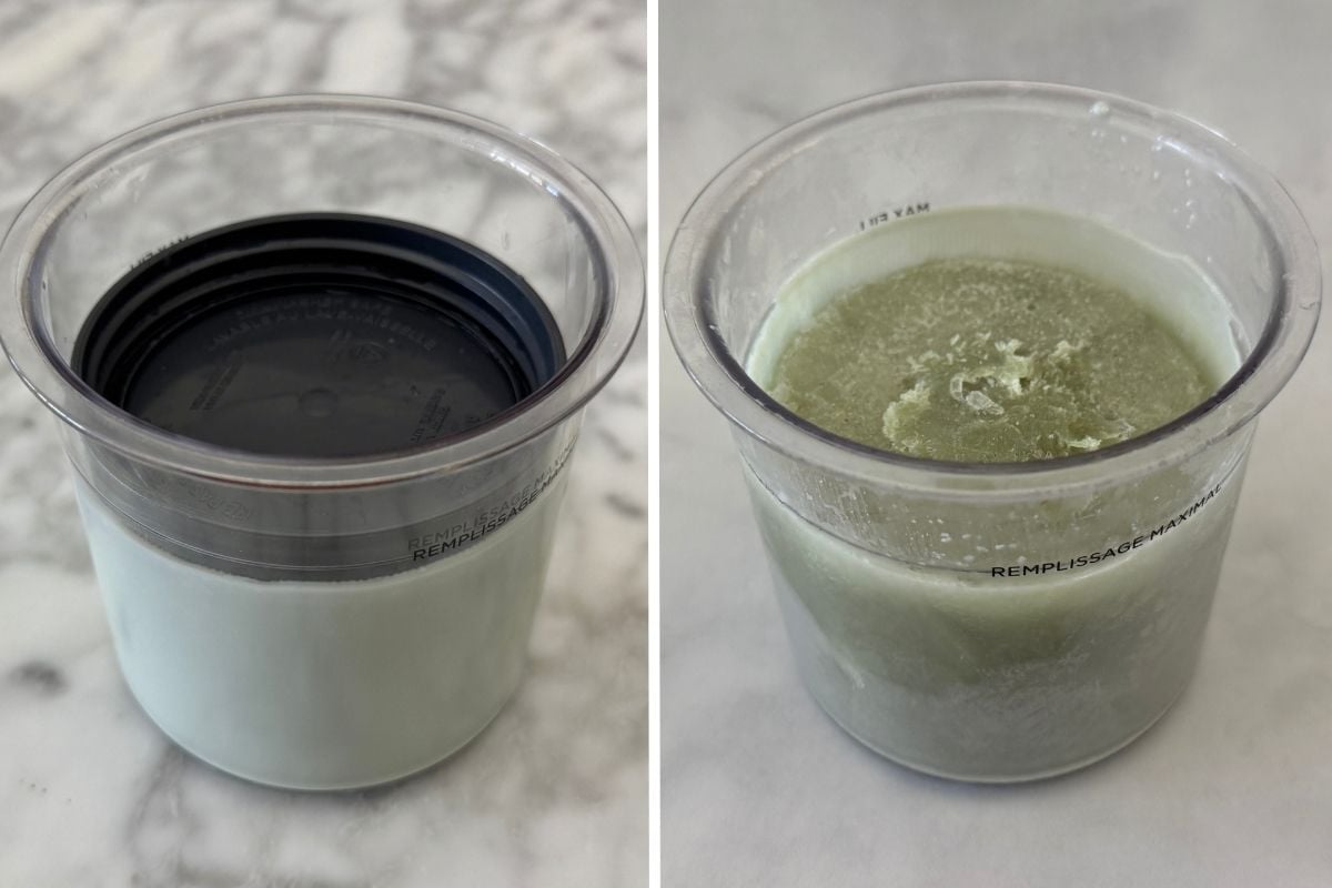 Mint chocolate chip protein ice cream mixture in container