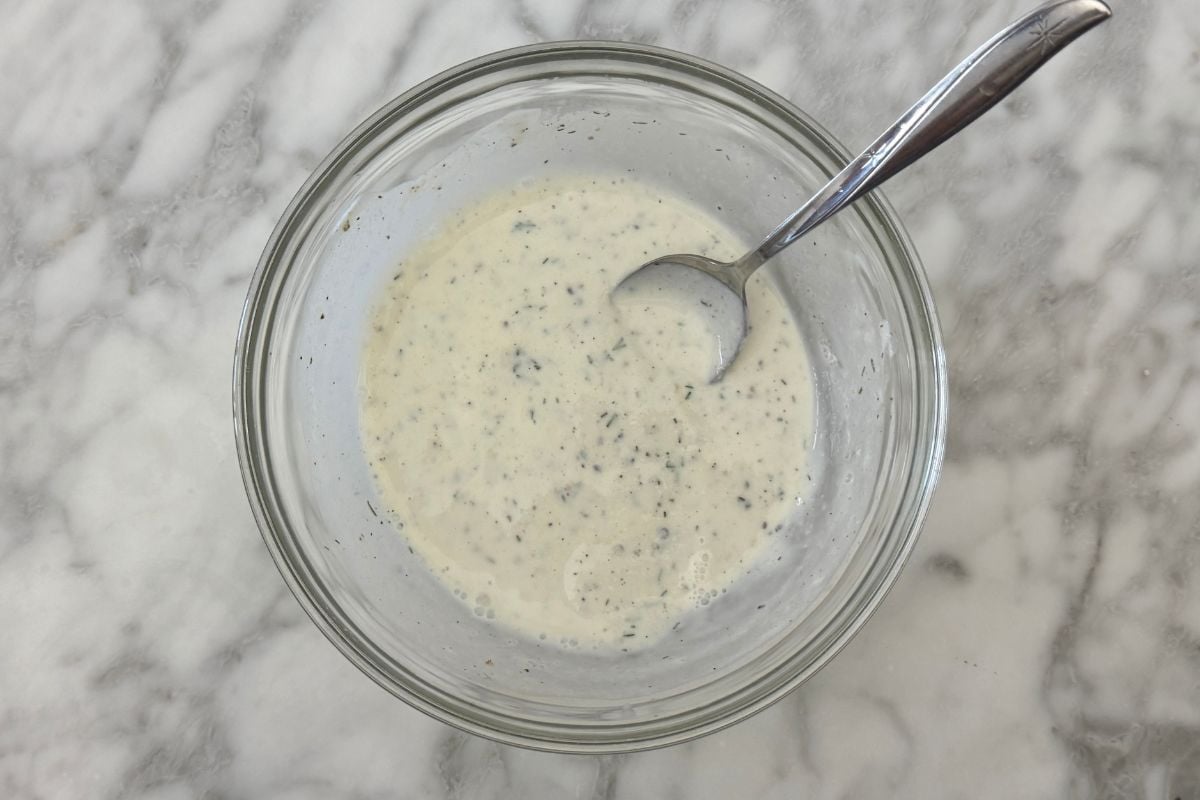Mixed Greek yogurt ranch dressing in bowl