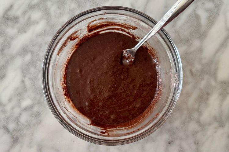 Mixed chocolate protein mug cake in bowl