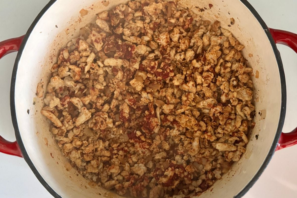 Mixed cooked seasoned ground meat in a pot for healthy Hamburger Helper