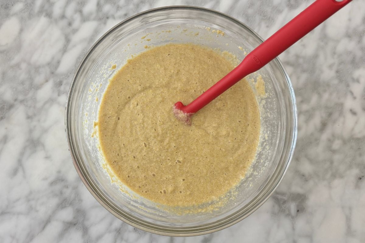 Mixed cornbread batter in bowl
