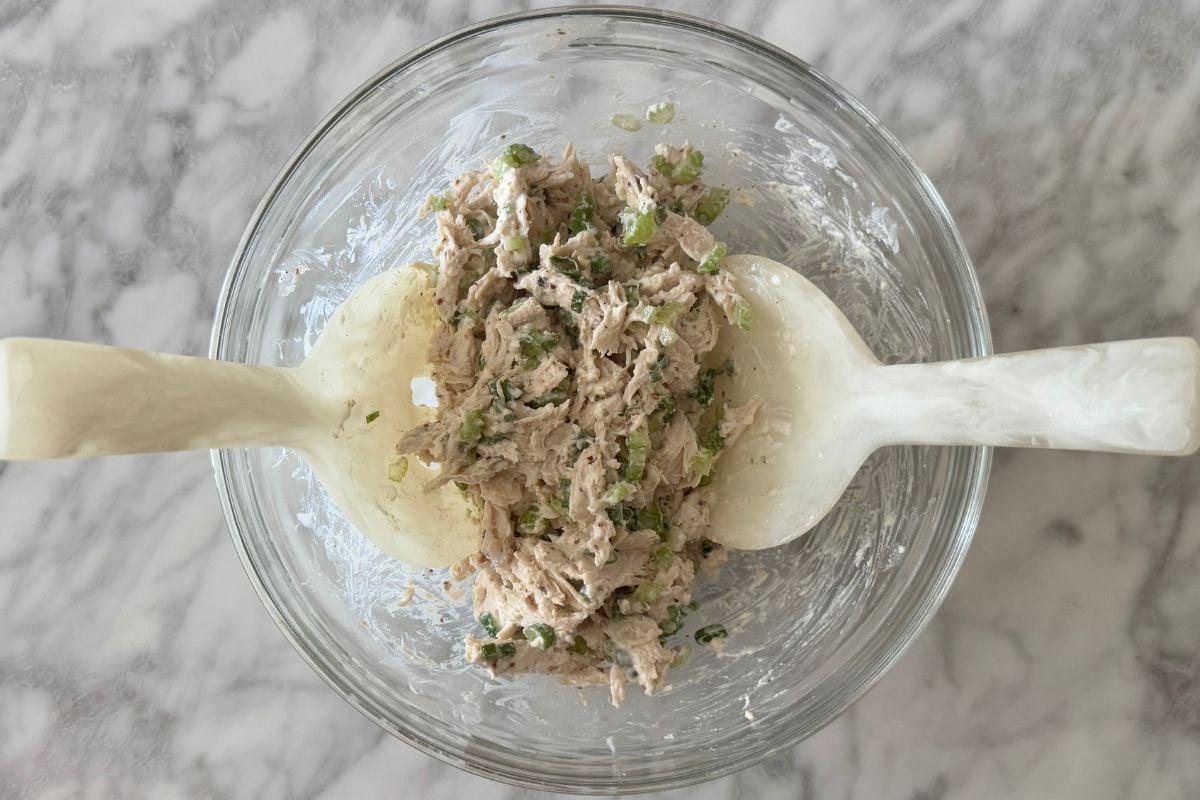 Mixed cottage cheese chicken salad in a bowl