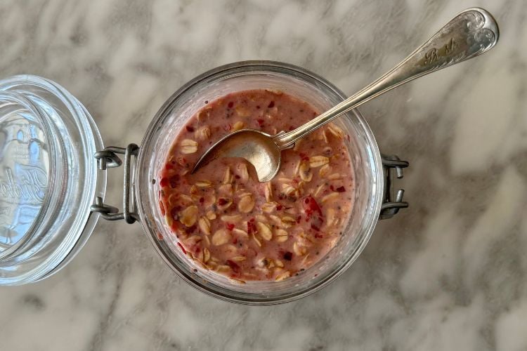 Mixed cranberry overnight oats in jar