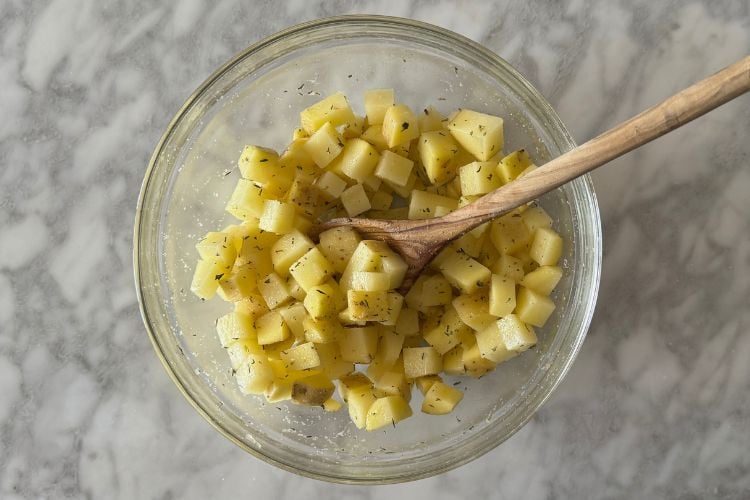 Mixed diced potatoes in bowl