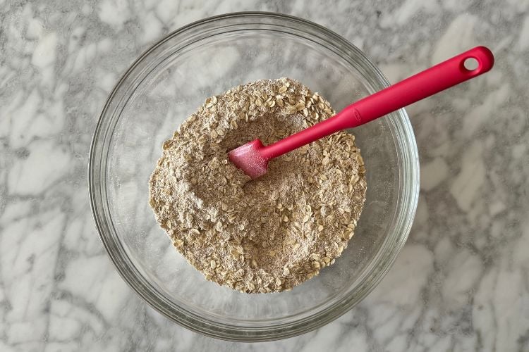 Mixed dry ingredients in bowl for oat muffins