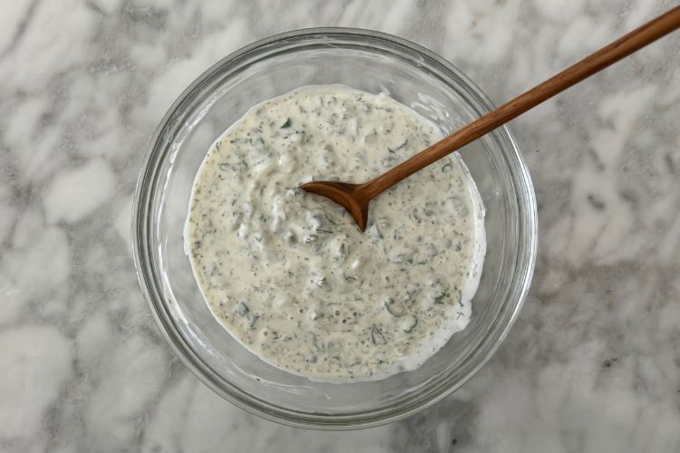 Mixed homemade tartar sauce in bowl