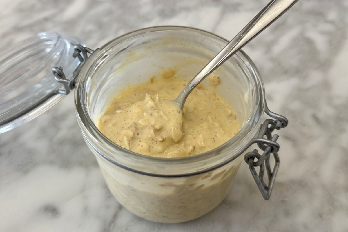 Mixed peach overnight oats in jar