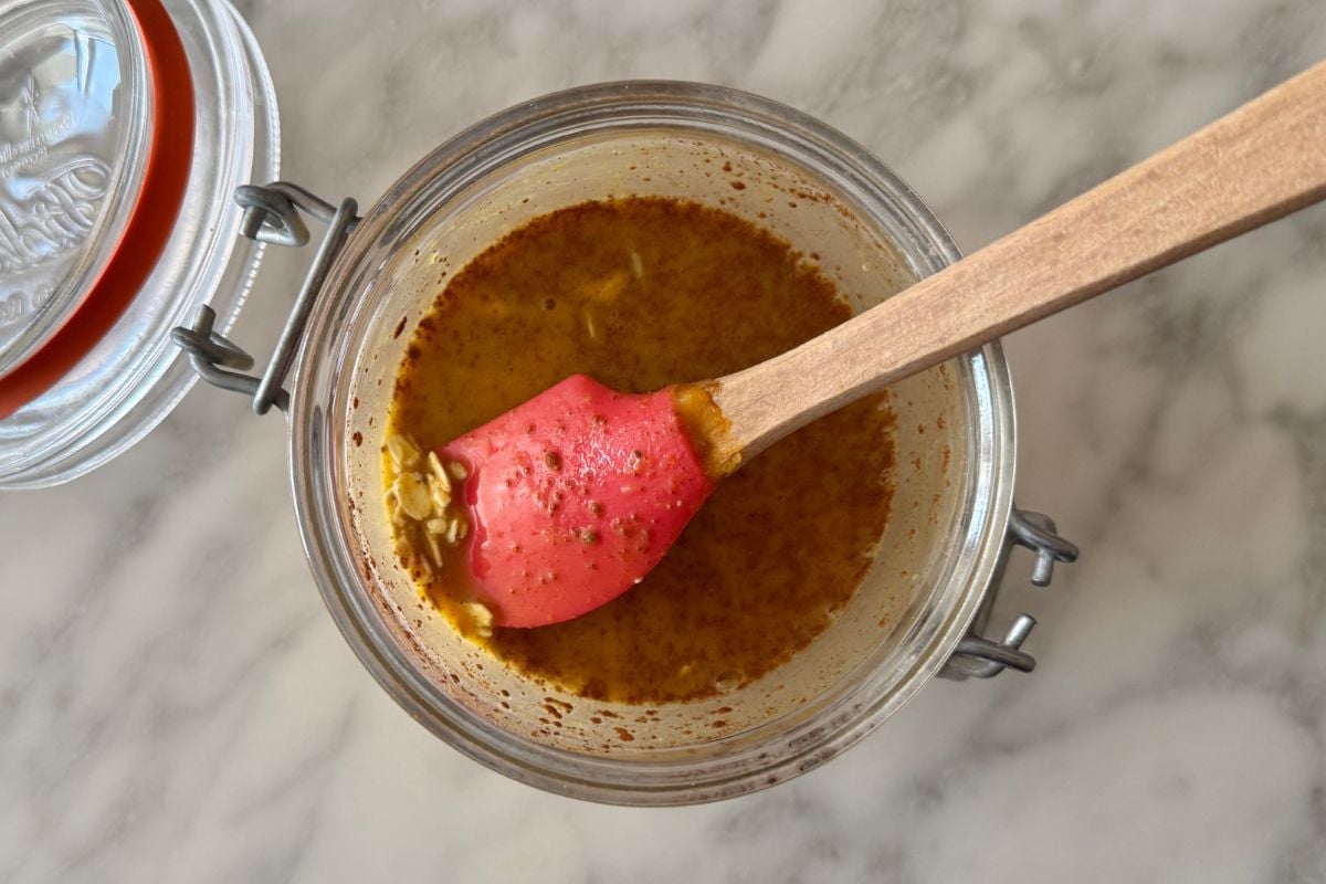 Mixed pumpkin pie overnight oats in a jar