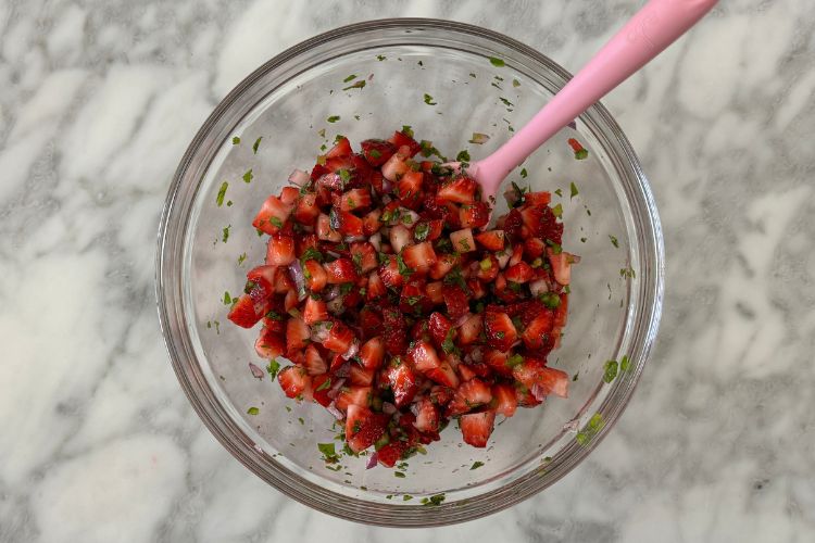 Mixed strawberry salsa in bowl