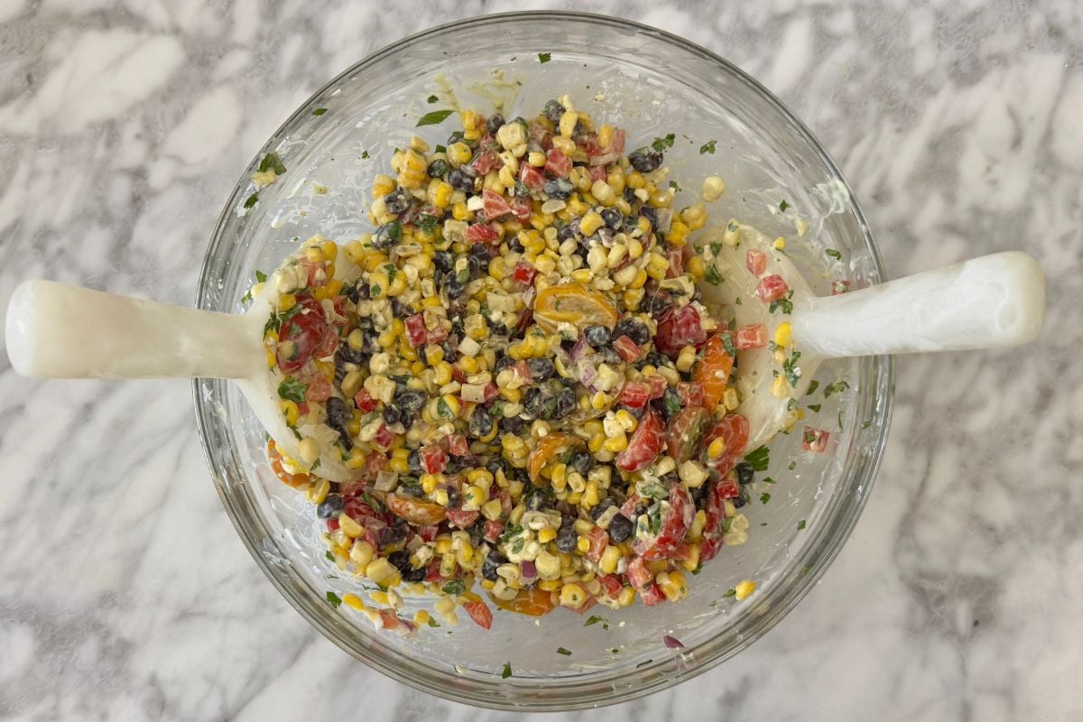 Mixed summer corn salad in bowl