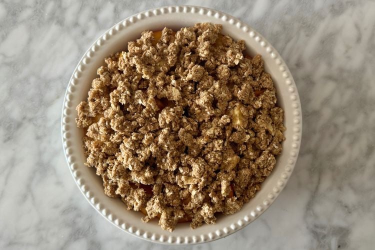 Oat topping over peach filling