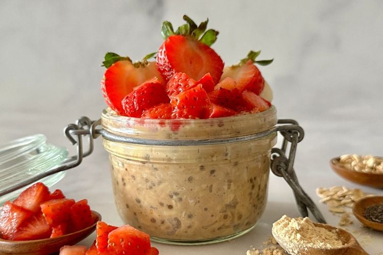Overnight oats topped with strawberries
