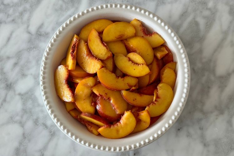Peach filling for peach crisp in baking dish