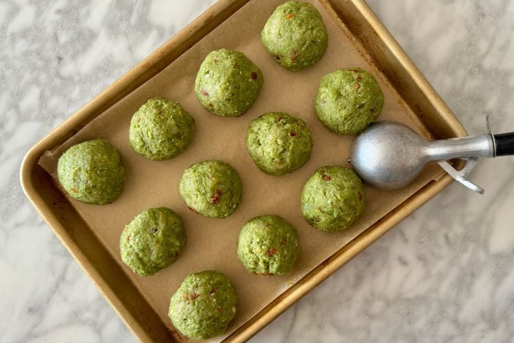 Pesto meatballs on sheet pan