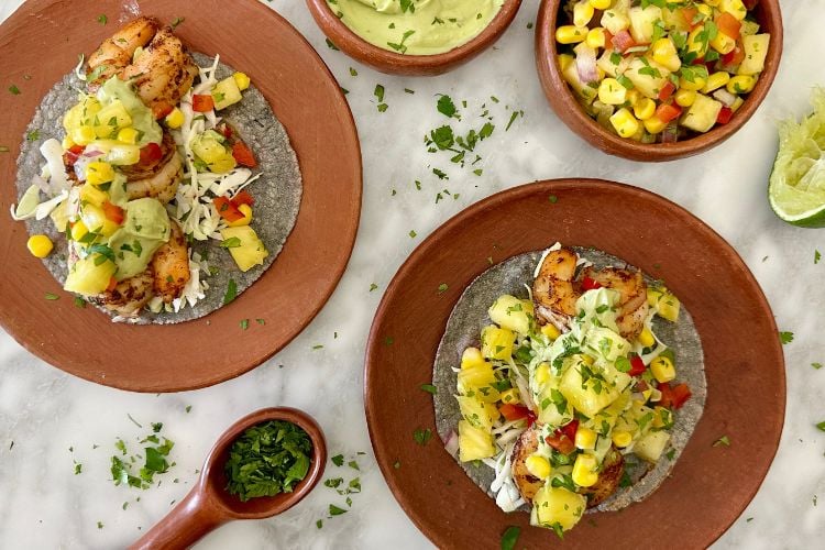 Pineapple corn salsa on fish tacos