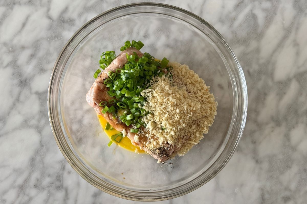 Pineapple teriyaki chicken meatballs ingredients in large bowl