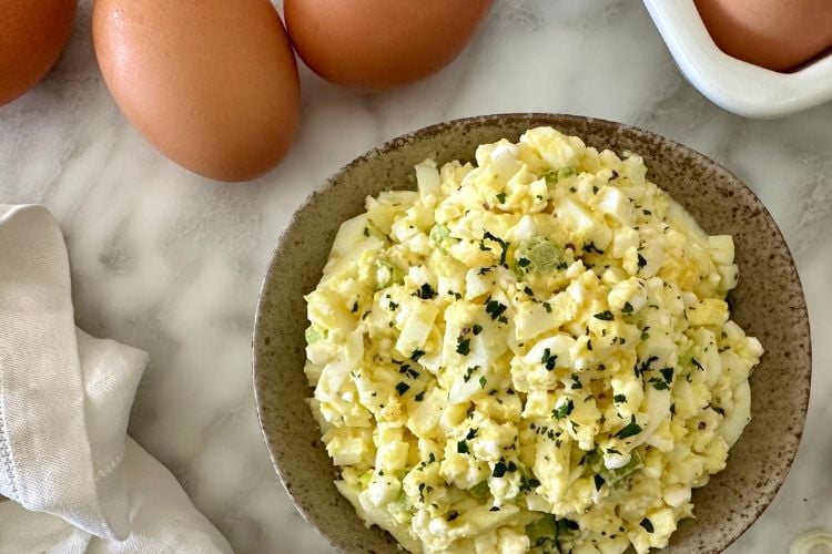 Prepared egg salad in bowl