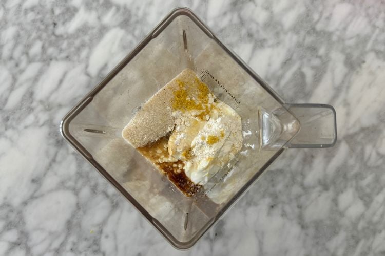 Protein cheesecake ingredients in blender