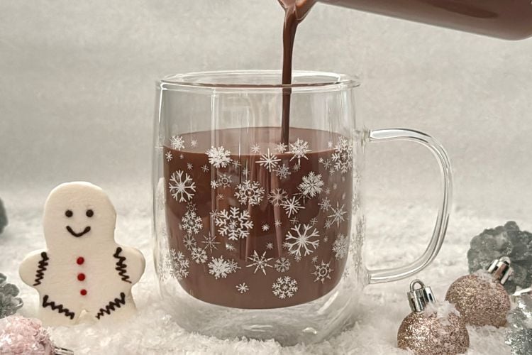 Protein hot chocolate poured in mug