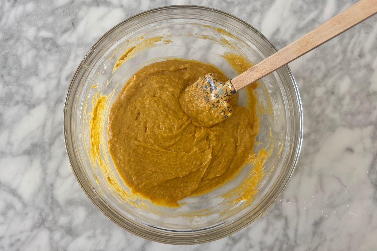 Pumpkin cream cheese muffin batter in a large bowl