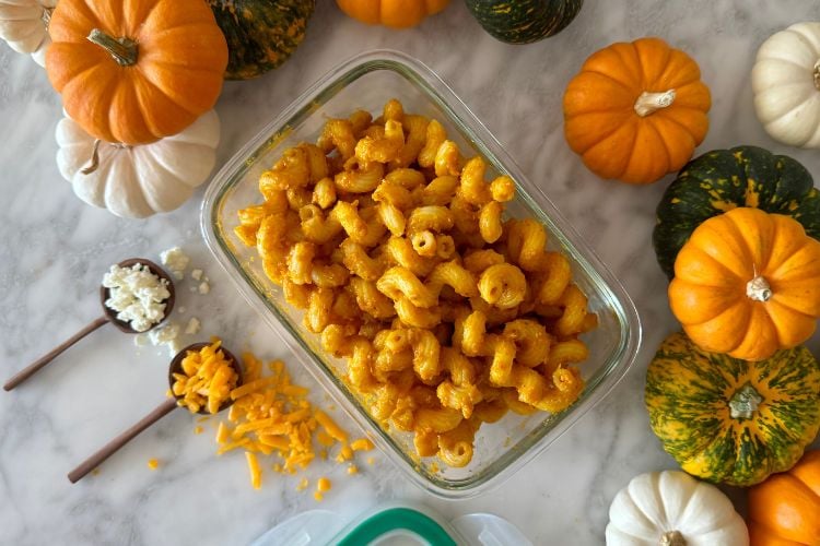 Pumpkin mac and cheese in storage container