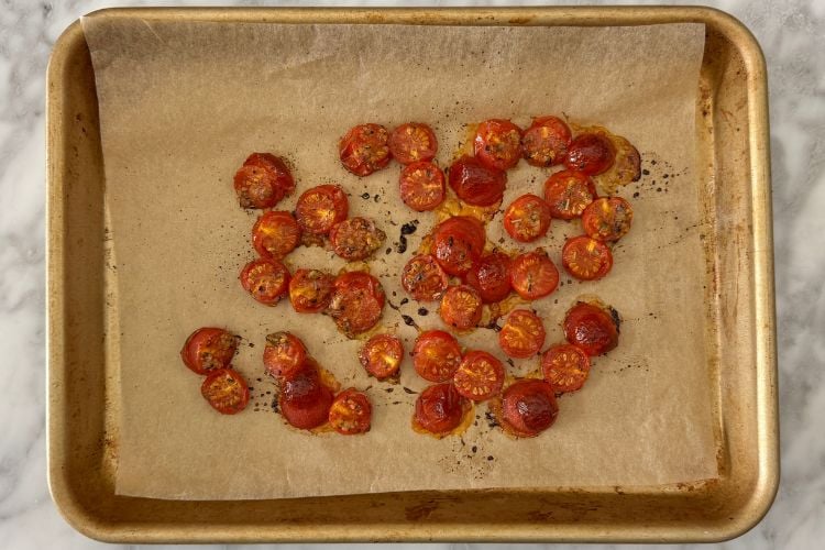 Roasted tomatoes for cottage cheese Caprese bowl